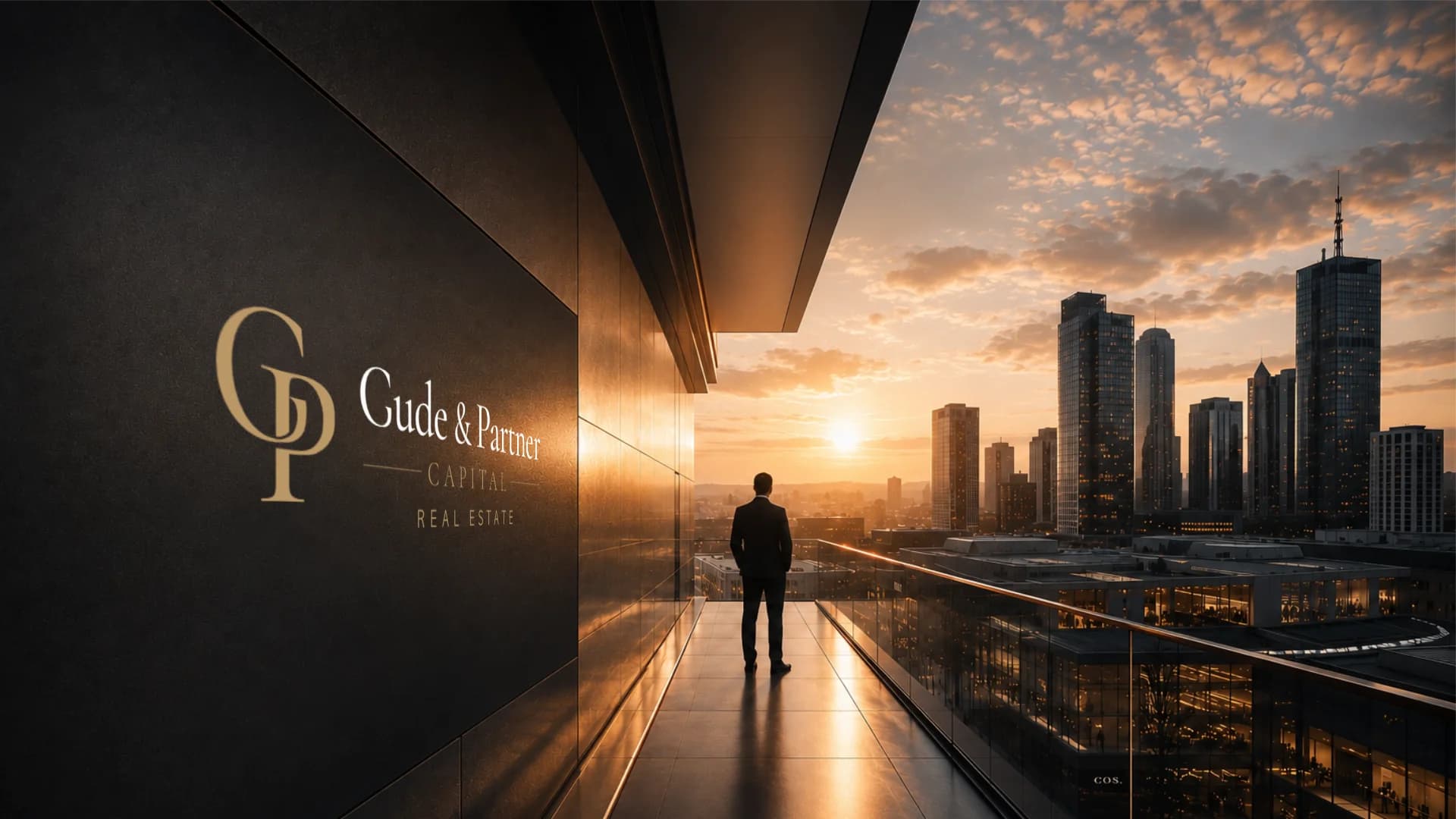 Eine Person blickt von einer Dachterrasse über eine Skyline im Abendlicht, links das Logo von Gude & Partner an einer dunklen Wand